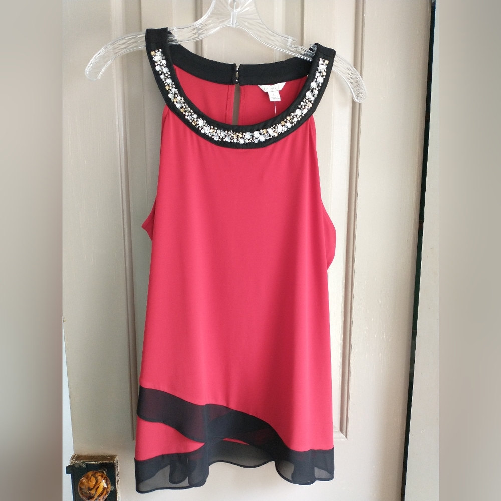 Est. 1946 Sleeveless Red & Black Blouse Jeweled Neckline Size Large New w Tags